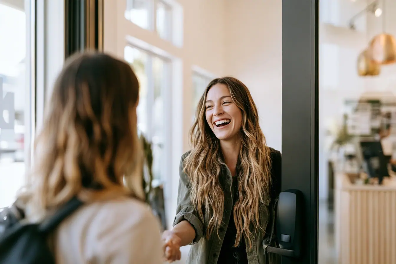 Leasing professional welcoming a prospective resident at the community office